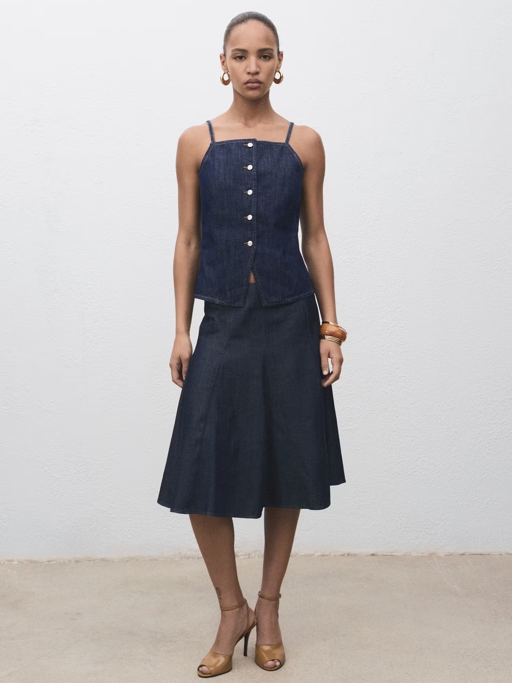 MANGO Dark Denim A-Line Midi Skirt - Blue NWOT